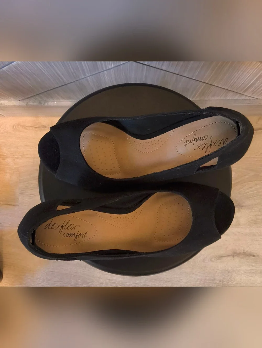 Dexflex Comfort Black Peep Toe Cork Wedge Pumps Heels Wide Width 6.5W